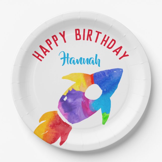 Rainbow Rocket Ship Outer Space Birthday Party Paper Plates (Front)