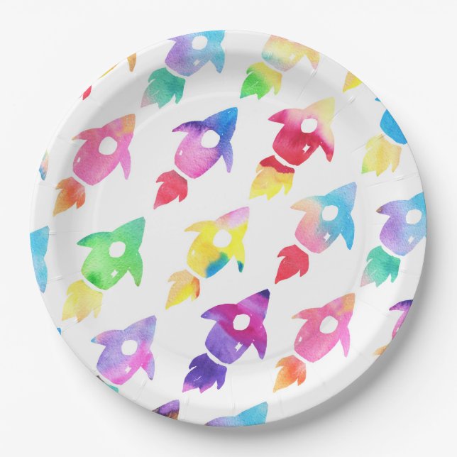 Rainbow Rocket Ship Outer Space Birthday Party Paper Plates (Front)