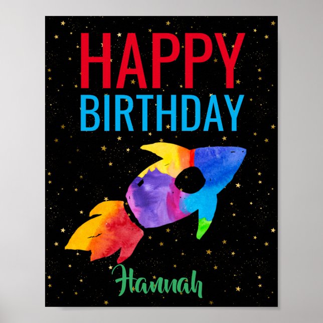 Rainbow Rocket Ship Outer Space Birthday Party Poster (Front)