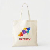 Rainbow Rocket Ship Outer Space Personalized Kids Tote Bag