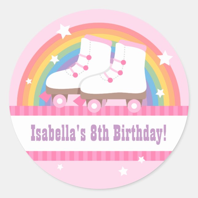 Rainbow Roller Skating Birthday Party Decor Classic Round Sticker (Front)