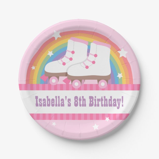 Rainbow Roller Skating Birthday Party Supplies Paper Plates (Front)