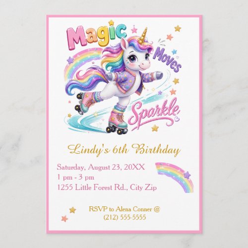 Rainbow Roller Unicorn Birthday Girl Invitation