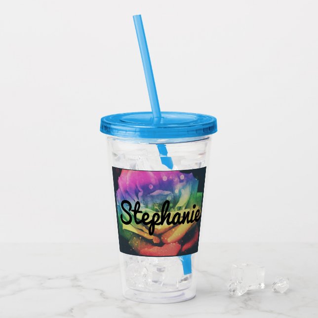 Rainbow Rose Custom Name Cup With Straw (Front Ice)