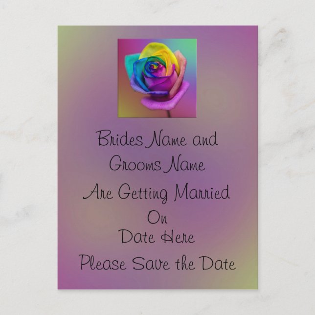 Rainbow Rose Flower Wedding Save the date Announcement Postcard (Front)