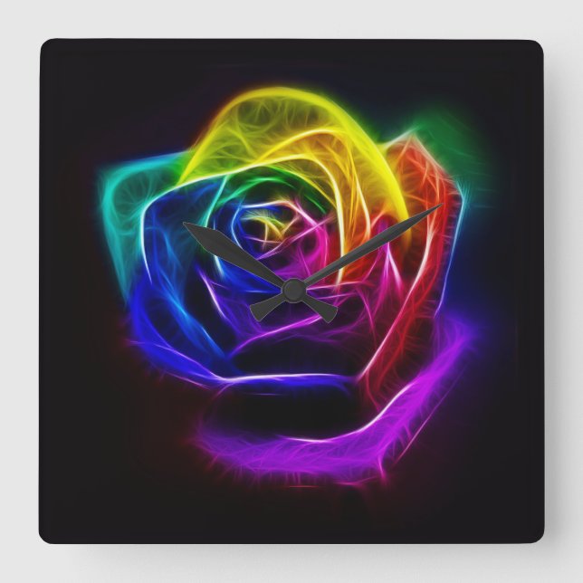 Rainbow Rose Fractal Square Wall Clock (Front)