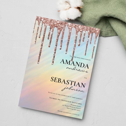 Rainbow Rose Gold Glitter Drips Holography Wedding Invitation