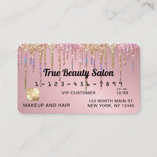 Rainbow Rose Gold Glitter Drips Metallic Credit Business Card