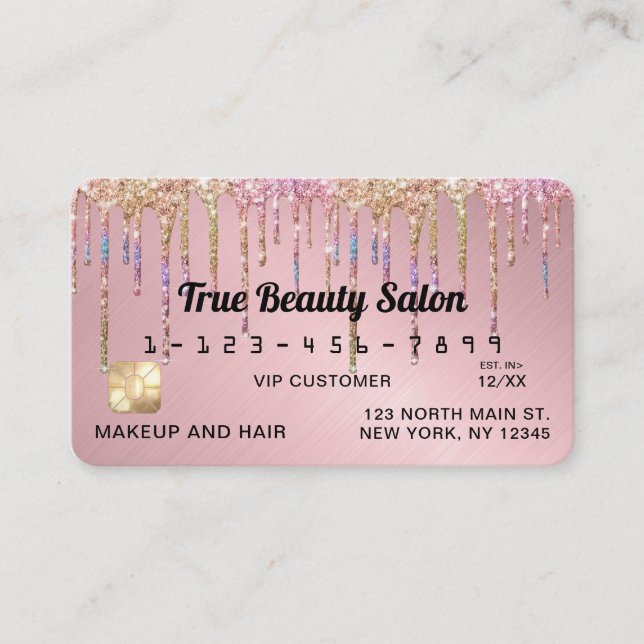 Rainbow Rose Gold Glitter Drips Metallic Credit Business Card (Front)