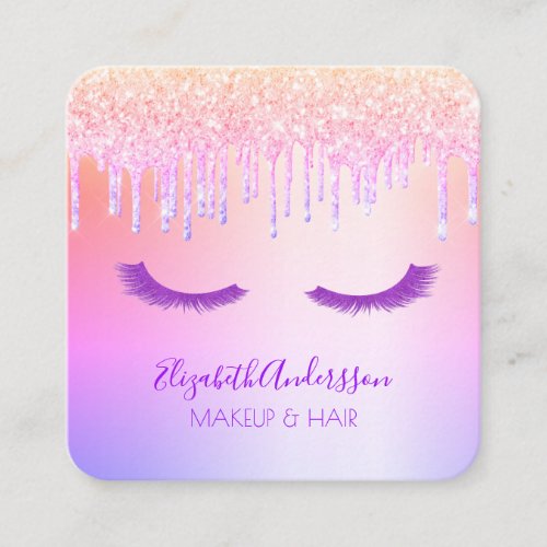 Rainbow rose gold glitter pink lashes makeup hair square business card