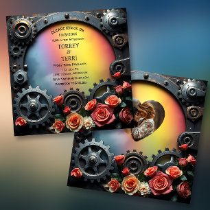 Rainbow Roses and Metal Steampunk LGBT Wedding Invitation