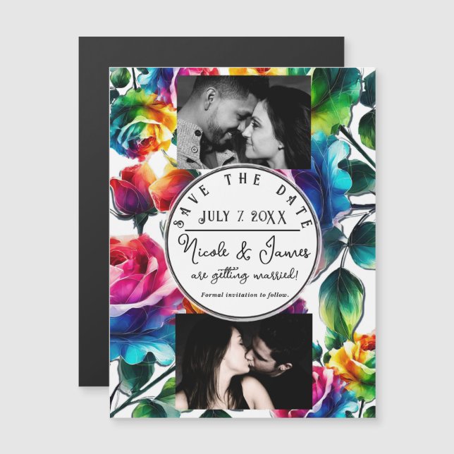 Rainbow Roses Black & White Floral Save the Date (Front/Back)