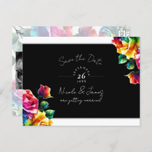 Rainbow Roses Black & White Floral Save the Date Announcement Postcard