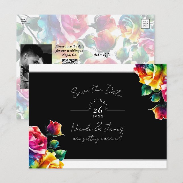 Rainbow Roses Black & White Floral Save the Date Announcement Postcard (Front/Back)