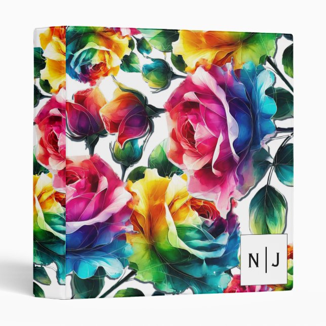 Rainbow Roses Black & White Floral Wedding 3 Ring Binder (Front/Spine)