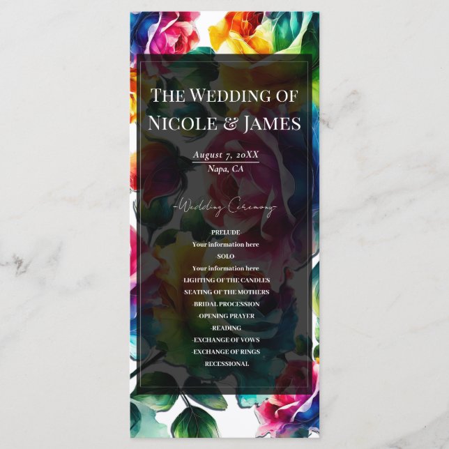 Rainbow Roses Black & White Floral Wedding Program (Front)