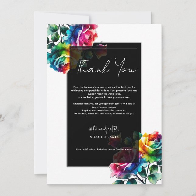 Rainbow Roses Black White Vibrant Floral Thank You Invitation (Front)
