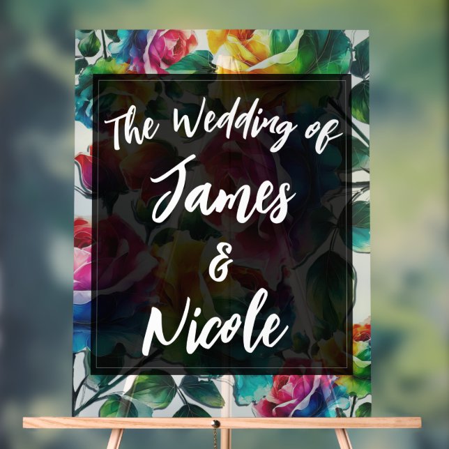 Rainbow Roses Black & White Vibrant Floral Wedding Acrylic Sign (Neutral)