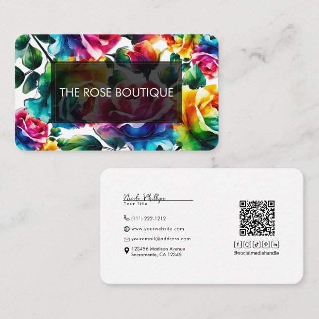 Rainbow Roses Black & White Vibrant Floral Wedding Business Card (Front/Back)