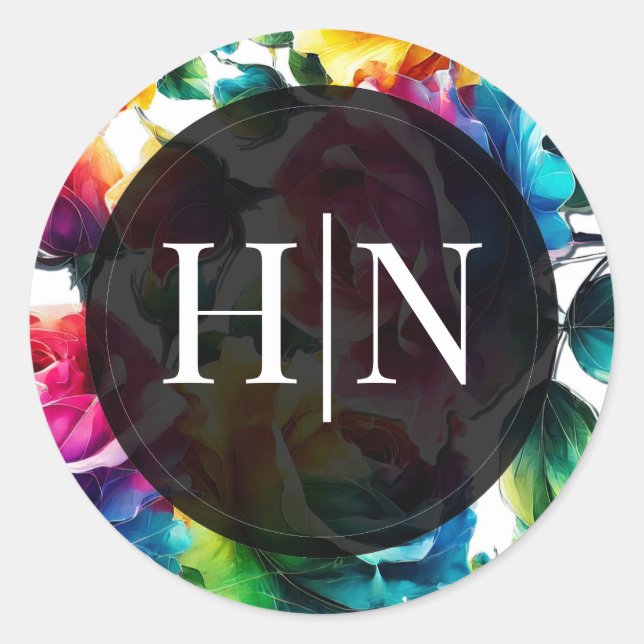 Rainbow Roses Black & White Vibrant Floral Wedding Classic Round Sticker (Front)