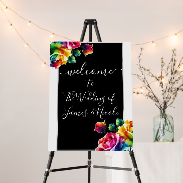 Rainbow Roses Black & White Vibrant Floral Wedding Foam Board (In Situ (Stand))