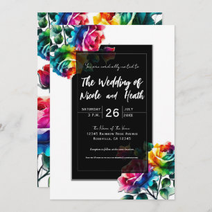 Rainbow Roses Black & White Vibrant Floral Wedding Invitation