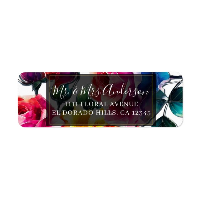 Rainbow Roses Black & White Vibrant Floral Wedding Label (Front)