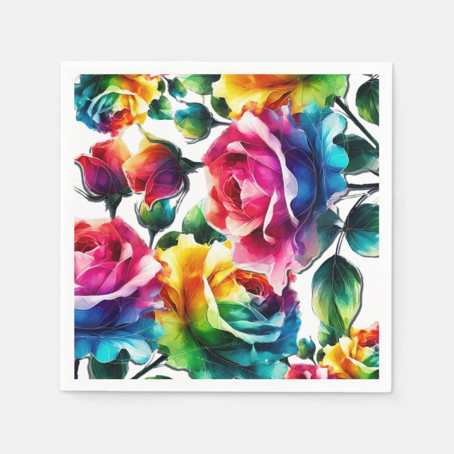 Rainbow Roses Black & White Vibrant Floral Wedding Napkins (Front)