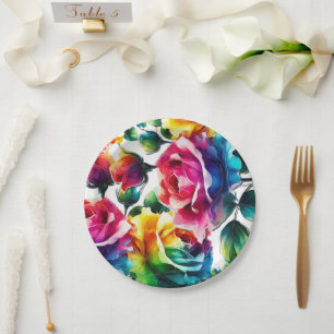 Rainbow Roses Black & White Vibrant Floral Wedding Paper Plates