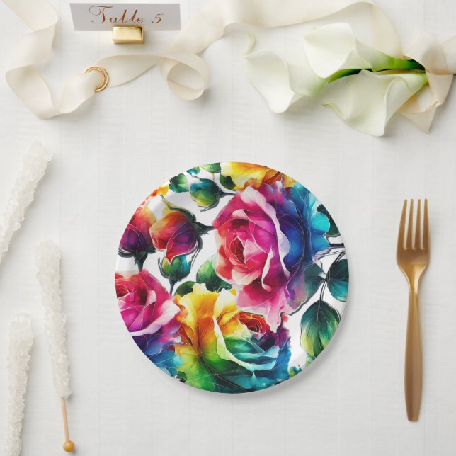 Rainbow Roses Black & White Vibrant Floral Wedding Paper Plates (Wedding)