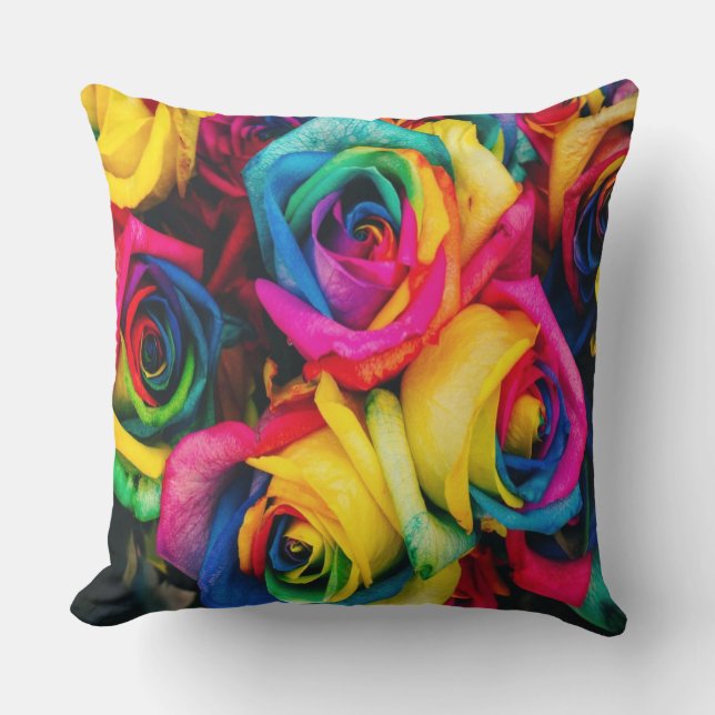 Rainbow Roses Bouquet Throw Pillow (Front)