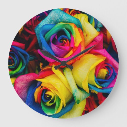 Rainbow Roses In Glorious Color Large Clock