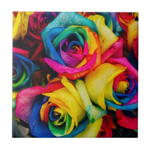 Rainbow Roses In Glorious Colour Ceramic Tile