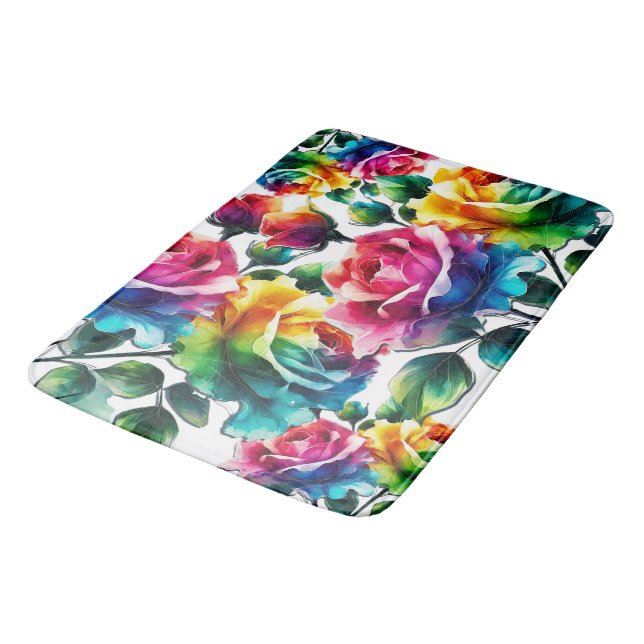 Rainbow Roses Vibrant Colorful Floral  Bath Mat (Angled)