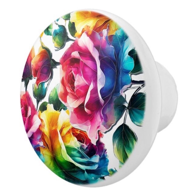 Rainbow Roses Vibrant Colorful Floral  Ceramic Knob (Right)