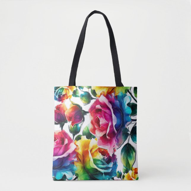 Rainbow Roses Vibrant Colorful Floral  Tote Bag (Front)