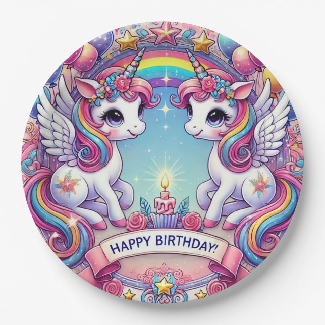 Rainbow Royalty Unicorns Paper Plates (Front)