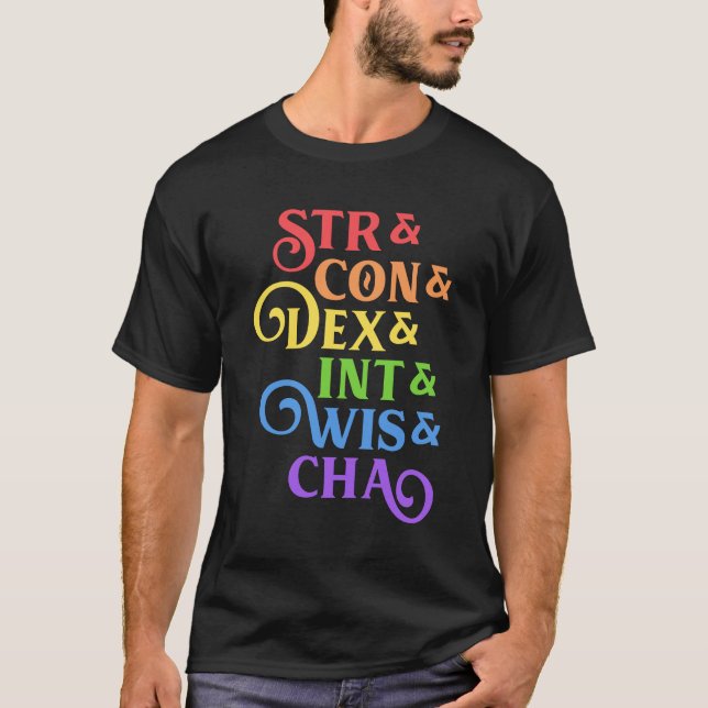 Rainbow RPG Stats Tabletop T-Shirt (Front)