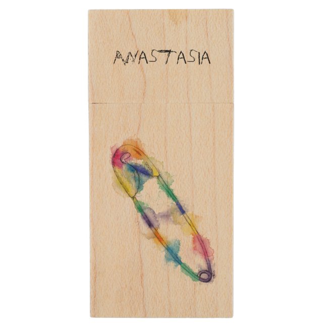 Rainbow Safety Pin Wood USB Flash Drive (Front Vertical)