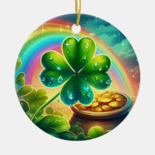 Rainbow Saint Patrick's Day clover Ceramic Ornament