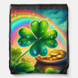 Rainbow Saint Patrick's Day clover Drawstring Bag