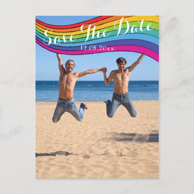 Rainbow Same Gender Photo Wedding Save the Date Postcard (Front)