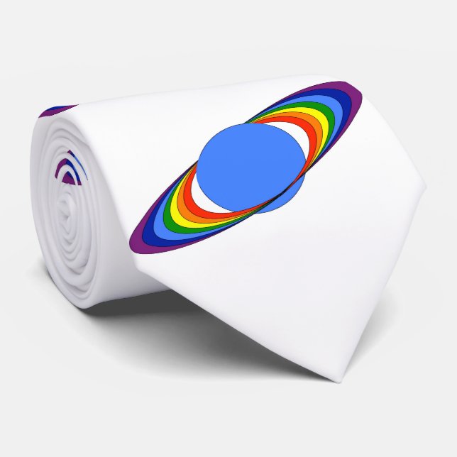 Rainbow Saturn Neckte for Astronomers, White Neck Tie (Rolled)