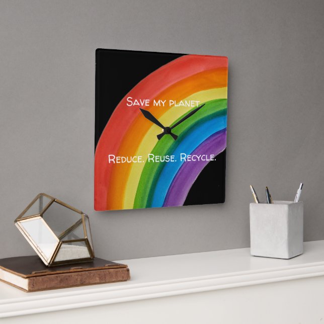 RAINBOW Save my planet (customizable) Square Wall Clock (Office)