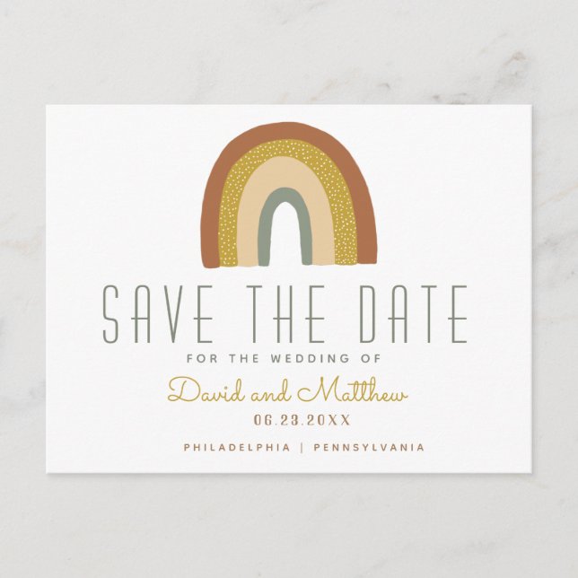 Rainbow save the date announcement postcard (Front)