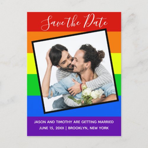 Rainbow Save the Date Photo Gay Pride Couple Announcement Postcard