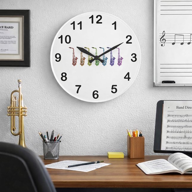 Rainbow Saxophone Colorful Jazz Instrument Large Clock (A wall clock with rainbow saxophones & black numbers.)