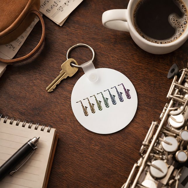 Rainbow Saxophone Tenor Lineup Keychain (A keychain with a rainbow lineup of tenor saxophones.)