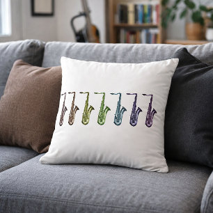 Rainbow Saxophones Music Art Colorful Saxophone Throw Pillow