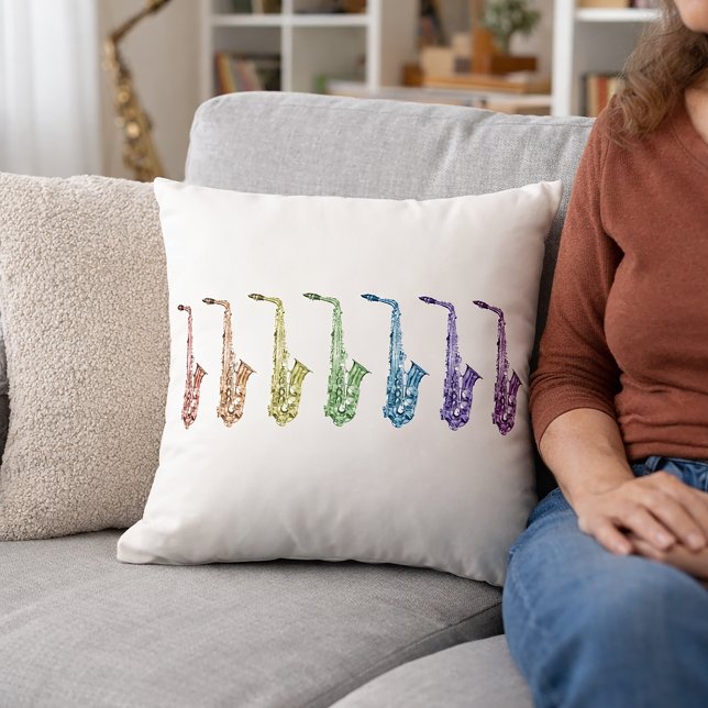 Rainbow Saxophones Music Throw Pillow (A throw pillow with saxophones in red, orange, green, yellow, purple, blue & pink.)
